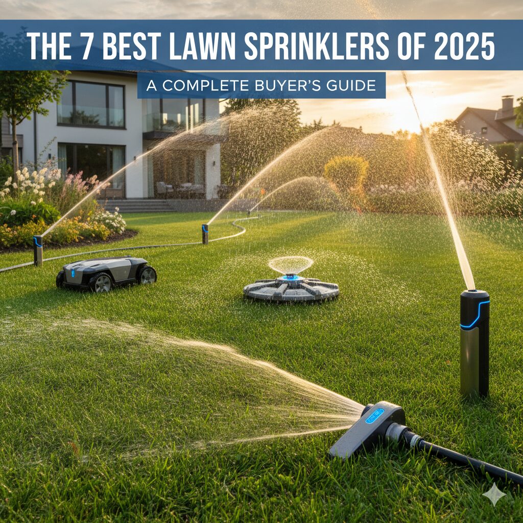 A lawn sprinkler in action, spraying water over a lush green lawn during sunrise.