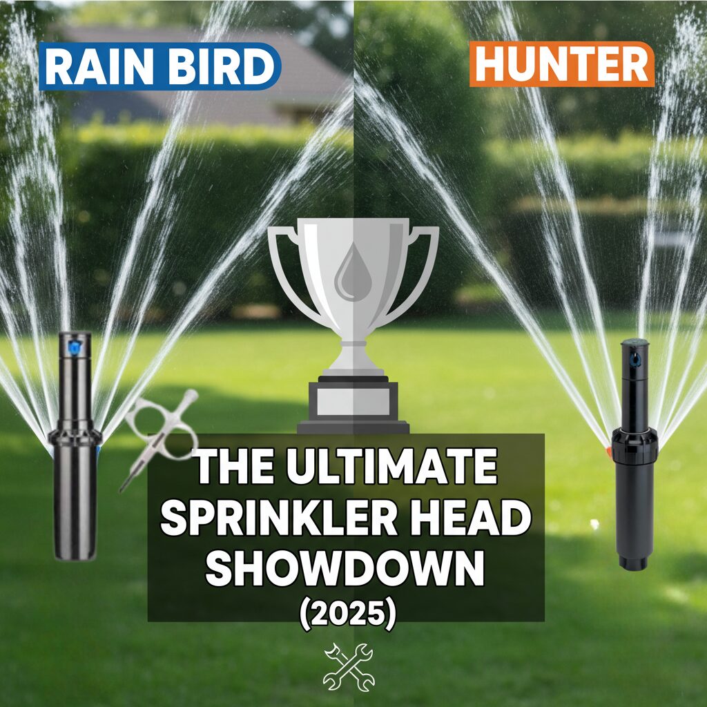 Two different types of sprinkler heads, one from Rain Bird and one from Hunter, side-by-side on a lush lawn.