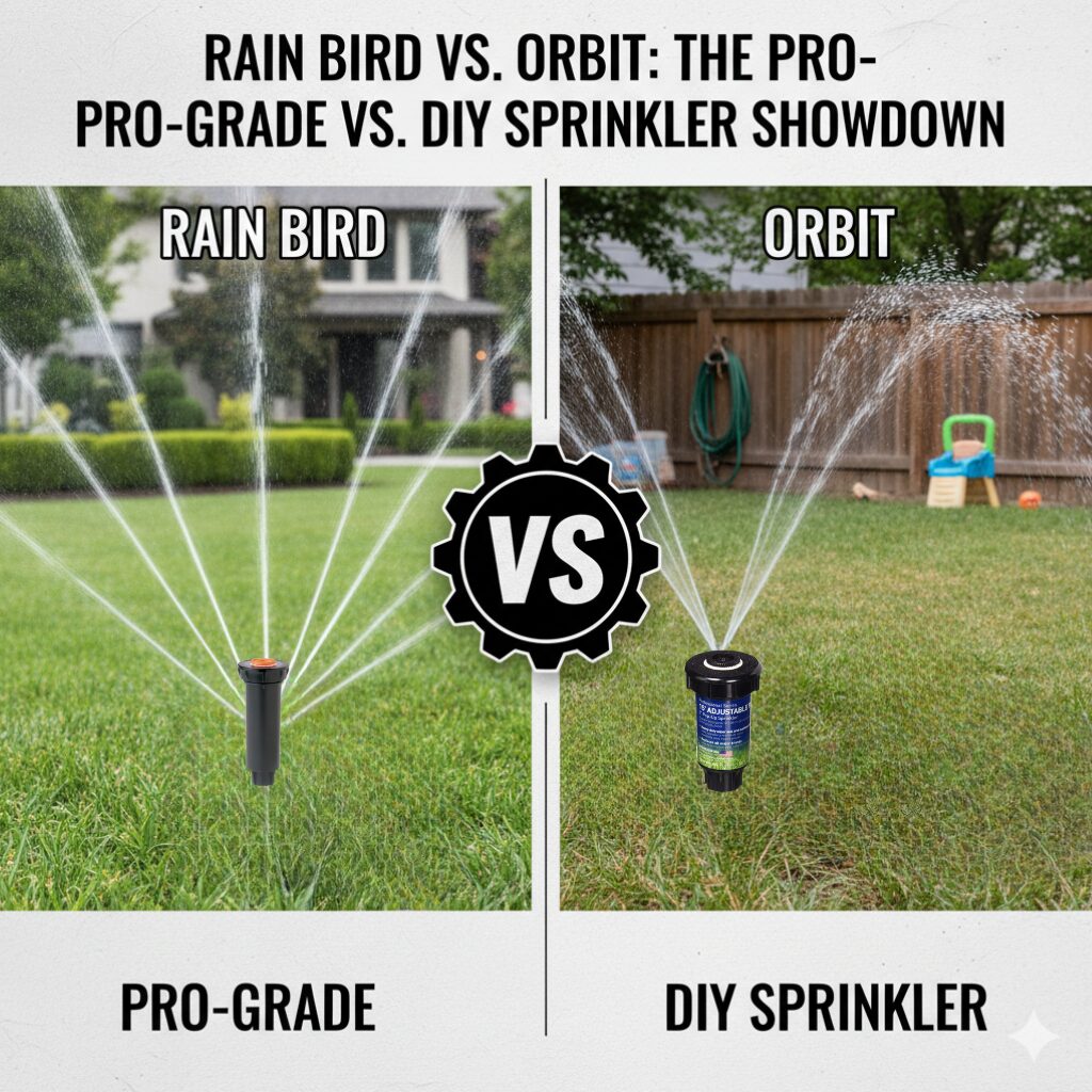 A professional-grade Rain Bird rotor sprinkler in the foreground and a consumer-friendly Orbit sprinkler in the background on a sunny lawn.