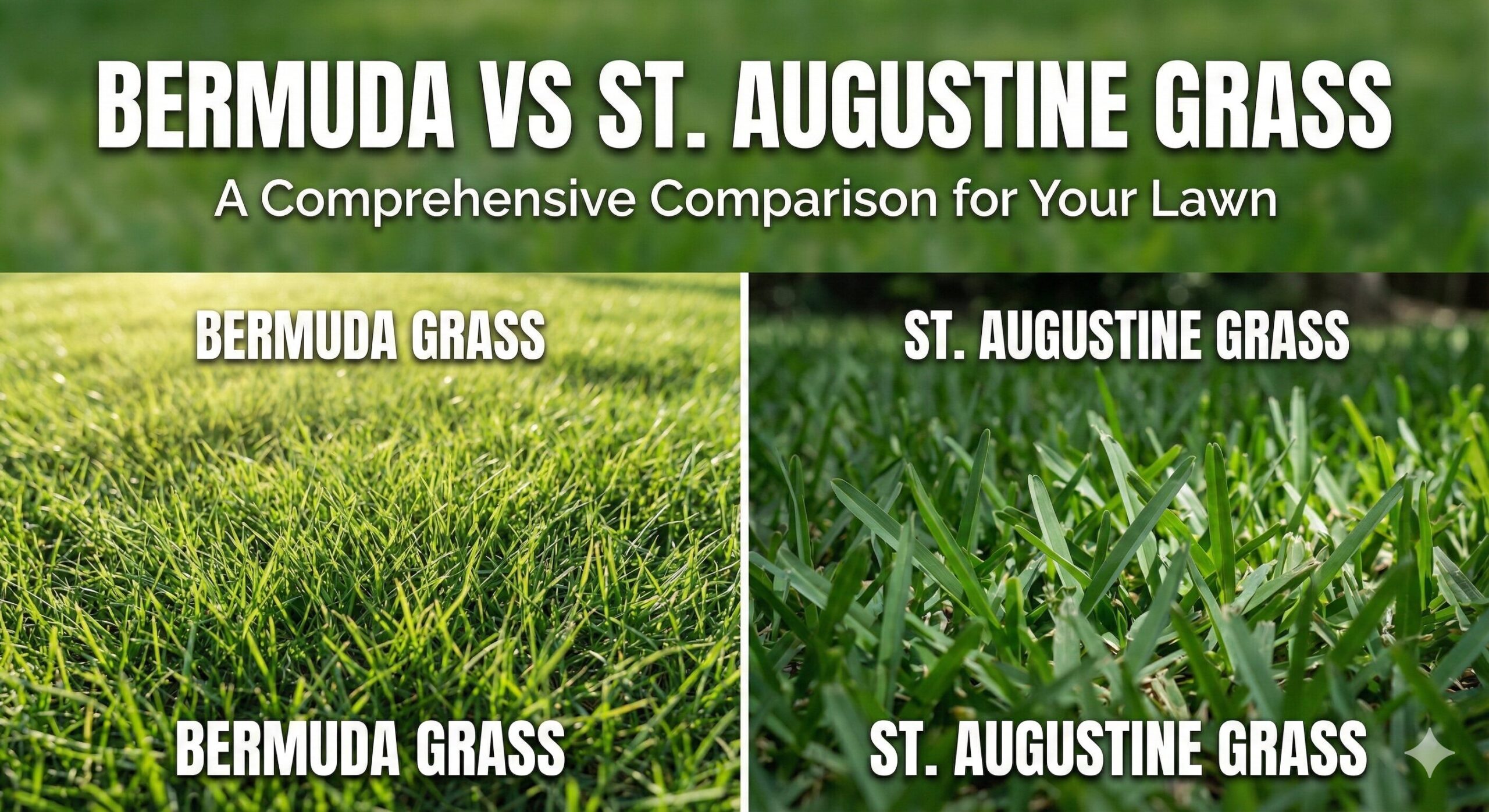 Comparison of lush Bermuda grass vs thick St. Augustine grass lawn