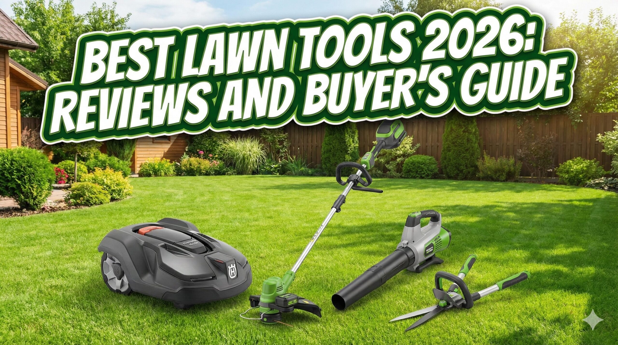 Collection of lawn care tools including mowers and trimmers on a green lawn