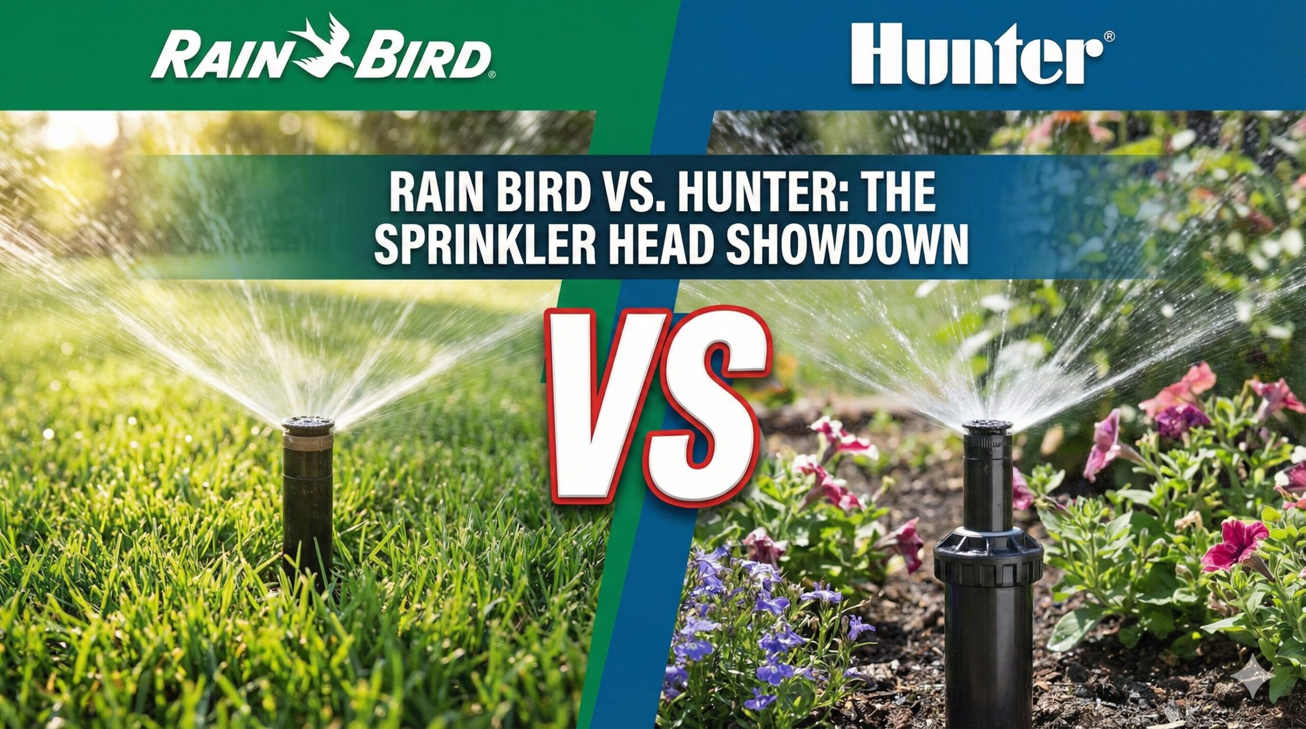 Two different types of sprinkler heads, one from Rain Bird and one from Hunter, side-by-side on a lush lawn.
