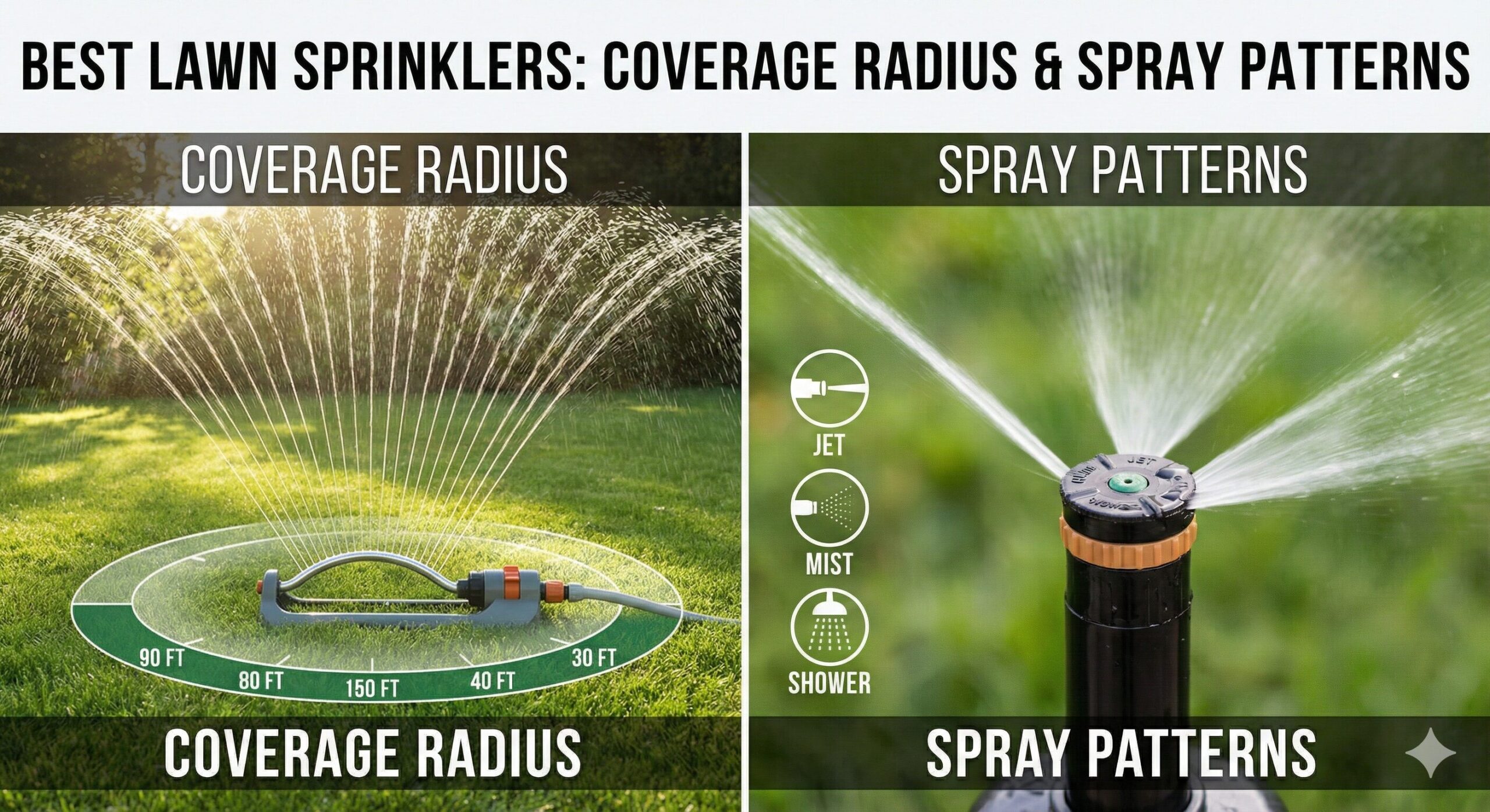 A lawn sprinkler in action, spraying water over a lush green lawn during sunrise.