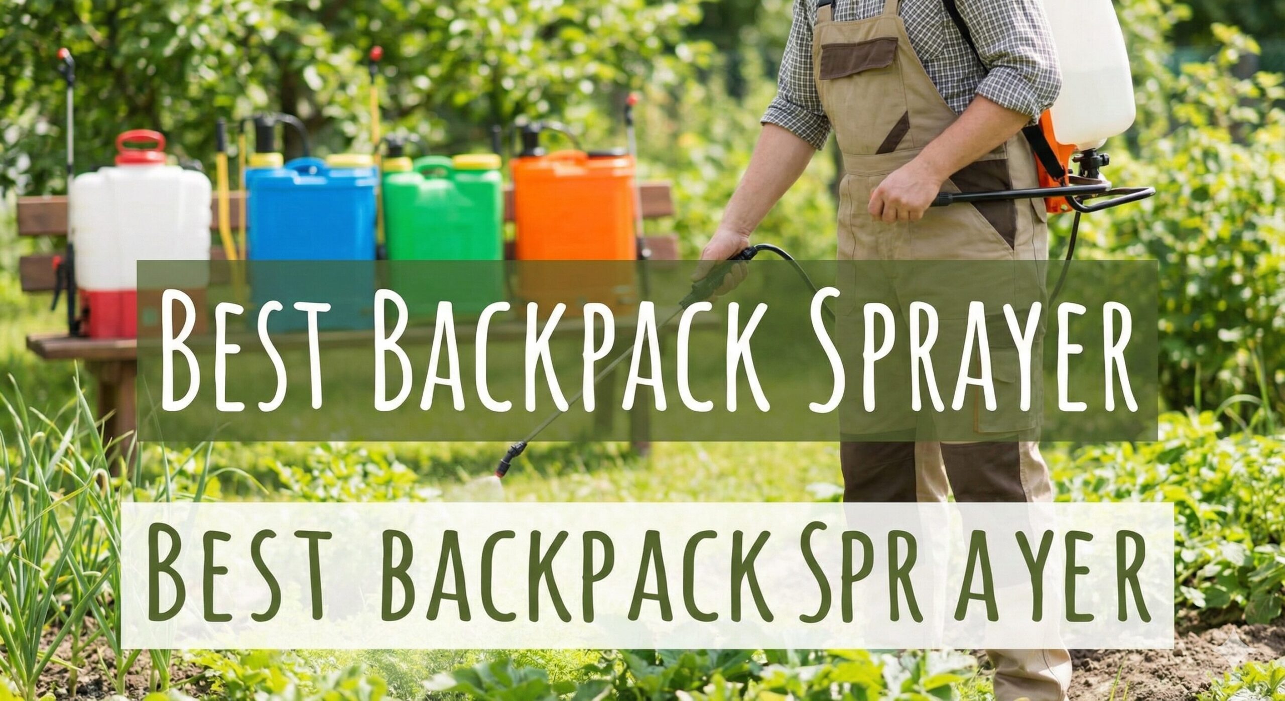 Professional landscaper using a backpack sprayer on a green lawn