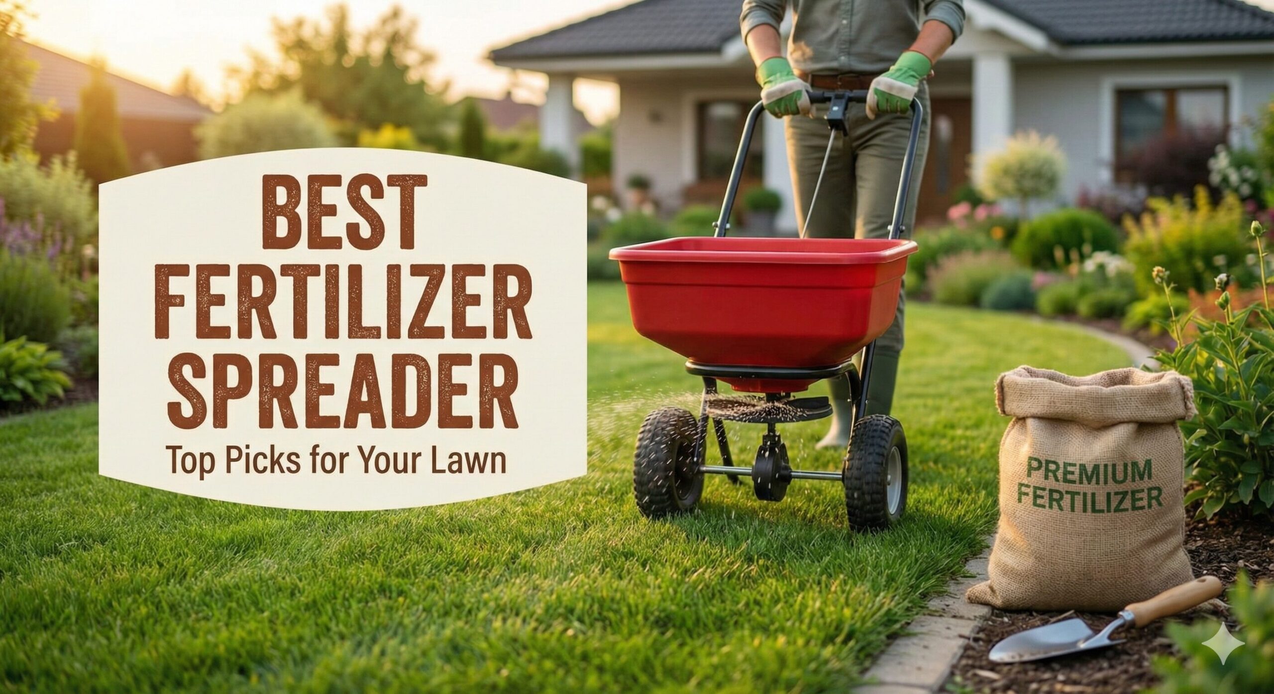 Homeowner using a broadcast fertilizer spreader on a green lawn