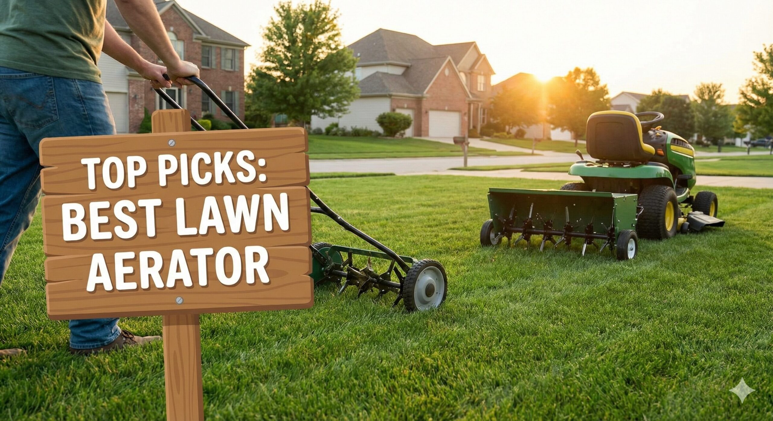 Lawn aerator on green grass in a backyard