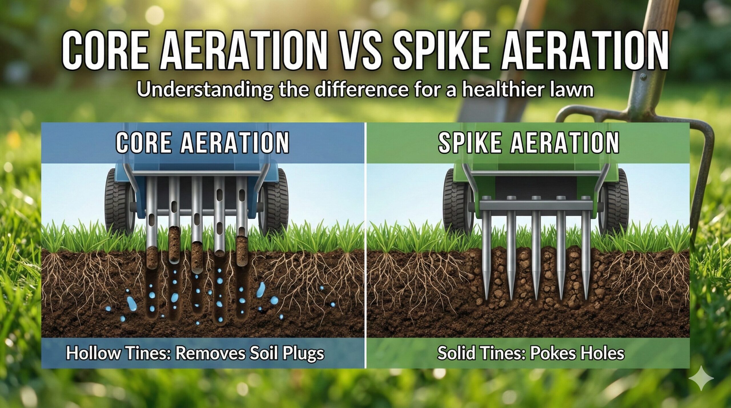 Lawn aeration equipment on green grass comparing core vs spike methods