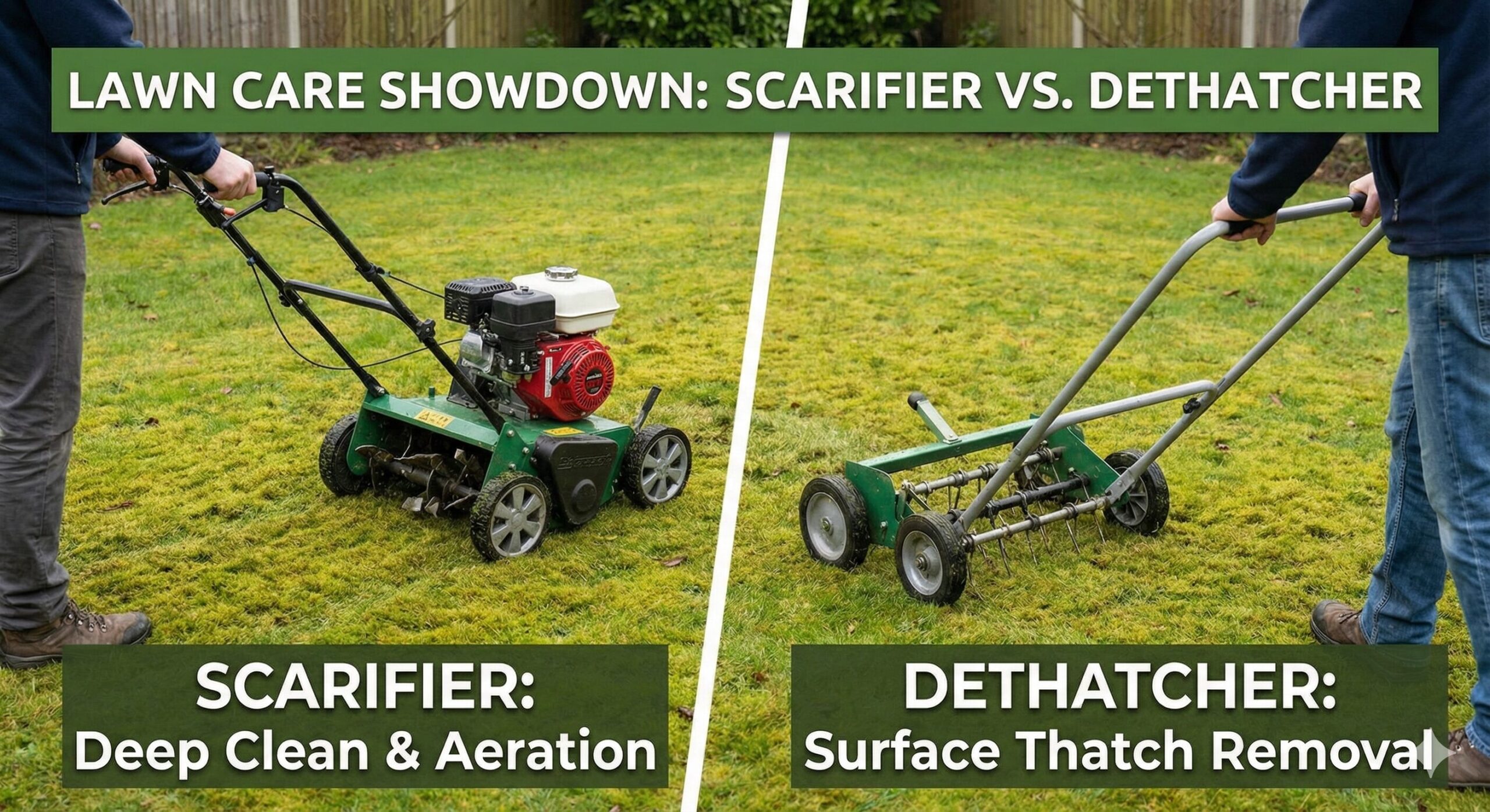 Close up of a lawn rake and scarifier removing dead moss from grass