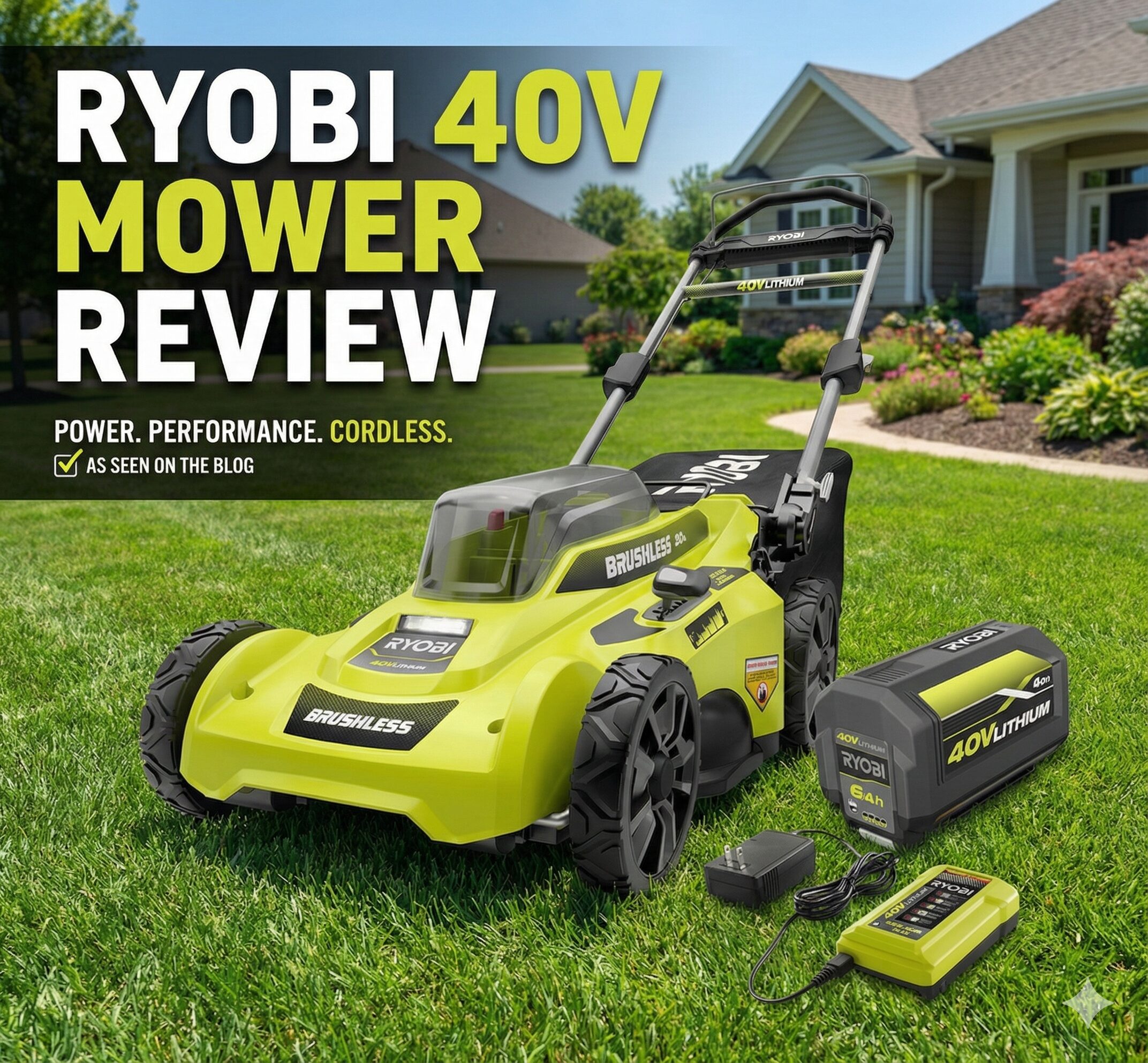 Ryobi 40V lawn mower and tools on green grass