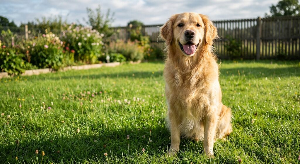 A dog sitting on a lush green lawn