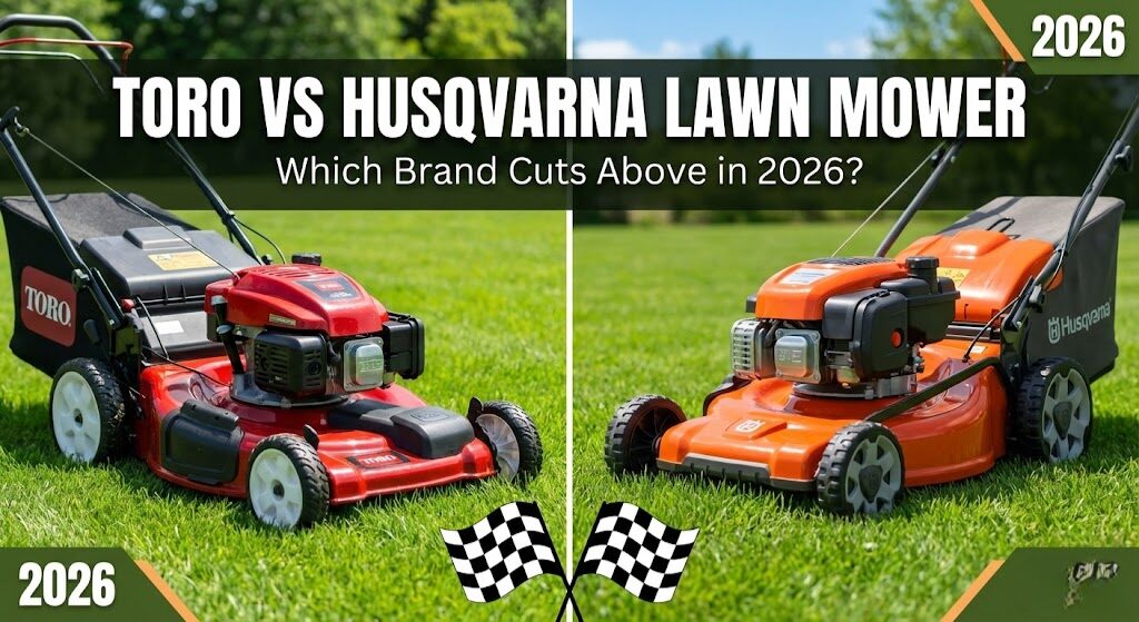 Toro and Husqvarna lawn mowers side by side on a lush lawn