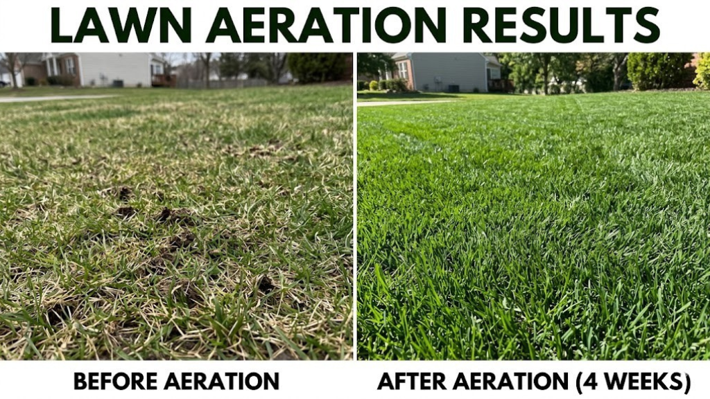 Before and after lawn aeration showing improved grass density and color four weeks post-aeration