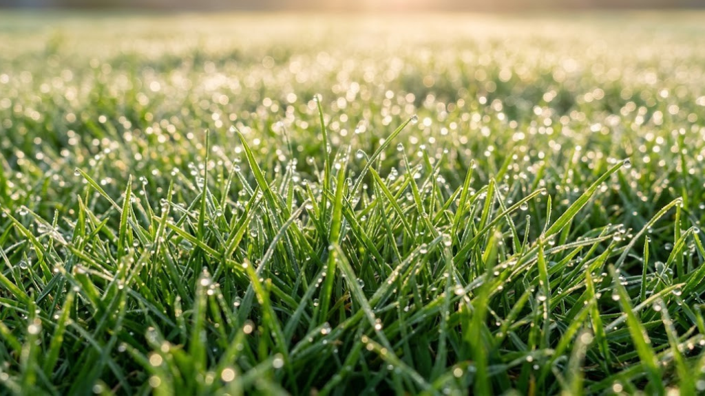 Close-up of dense healthy bermuda grass blades with morning dew