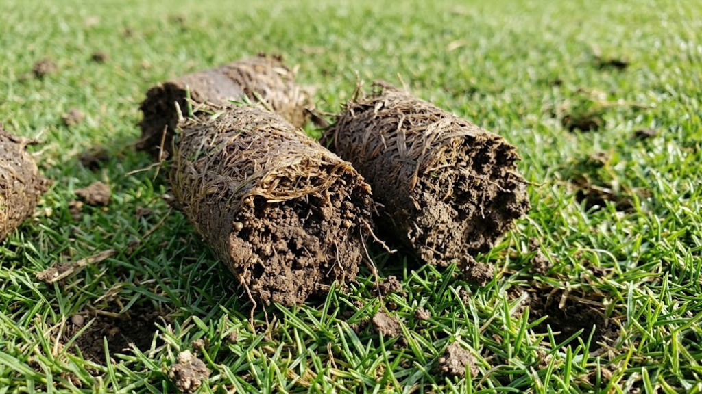 Close-up of soil core plugs on a lawn after core aeration, showing thatch layer and soil structure