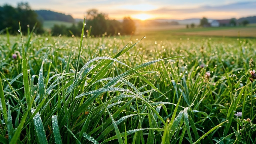 Dew-covered green grass blades in the early morning light, ideal fertilizing conditions