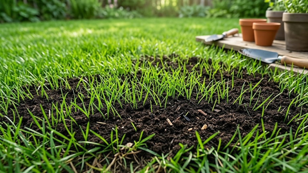Healthy green lawn recovering after topsoil leveling — grass growing through topdressing layer