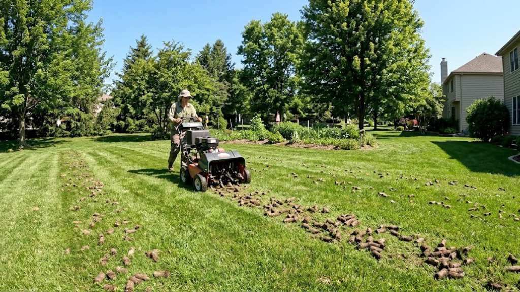 Lawn aerator in action during summer, creating soil plugs on green grass