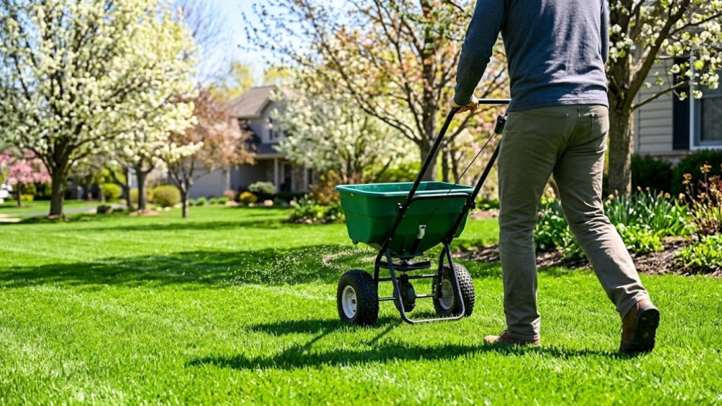 Lush green lawn being fertilized with a spreader in spring sunlight