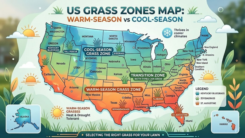 Map showing warm-season and cool-season grass zones across the United States