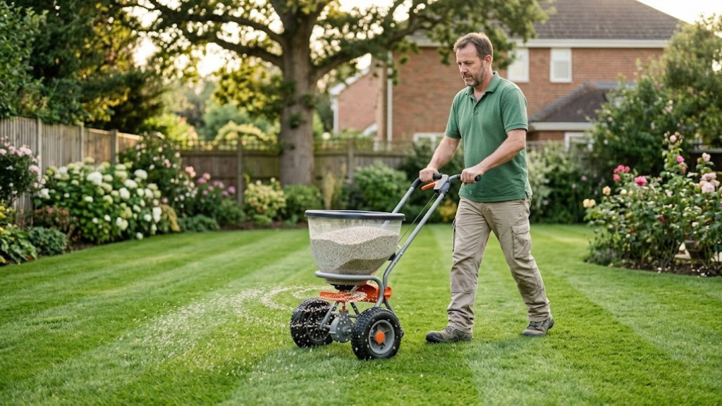 Person spreading granular fertilizer evenly across a green lawn with a broadcast spreader