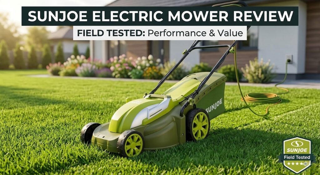 Sun Joe electric lawn mower cutting a neat suburban lawn on a sunny day