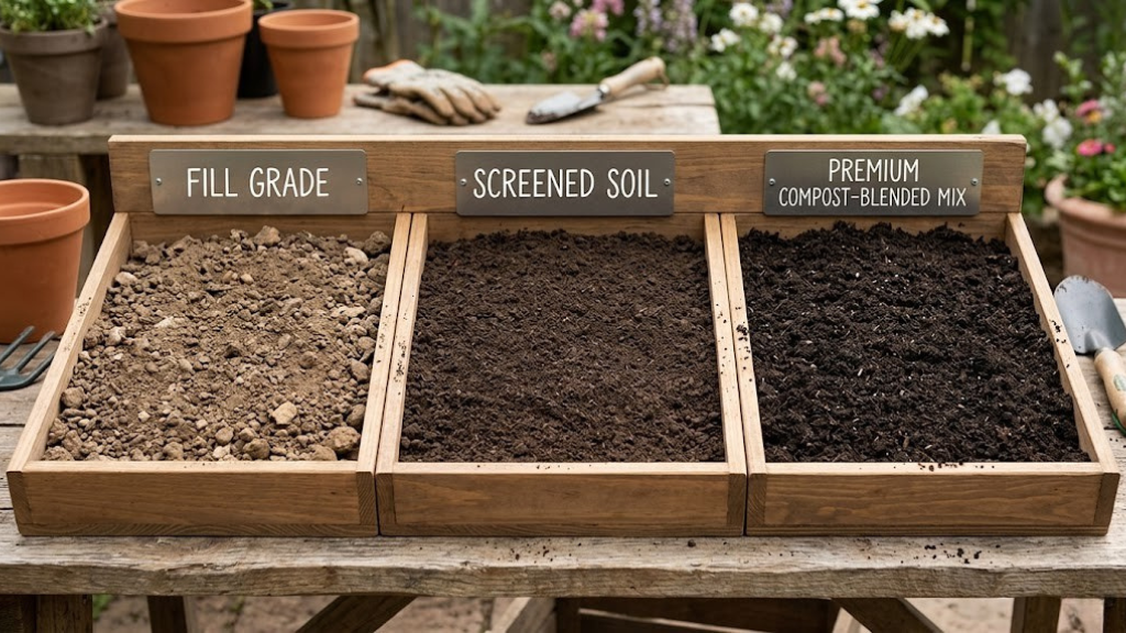 Three grades of topsoil side by side — fill grade, screened, and premium compost-blended mix