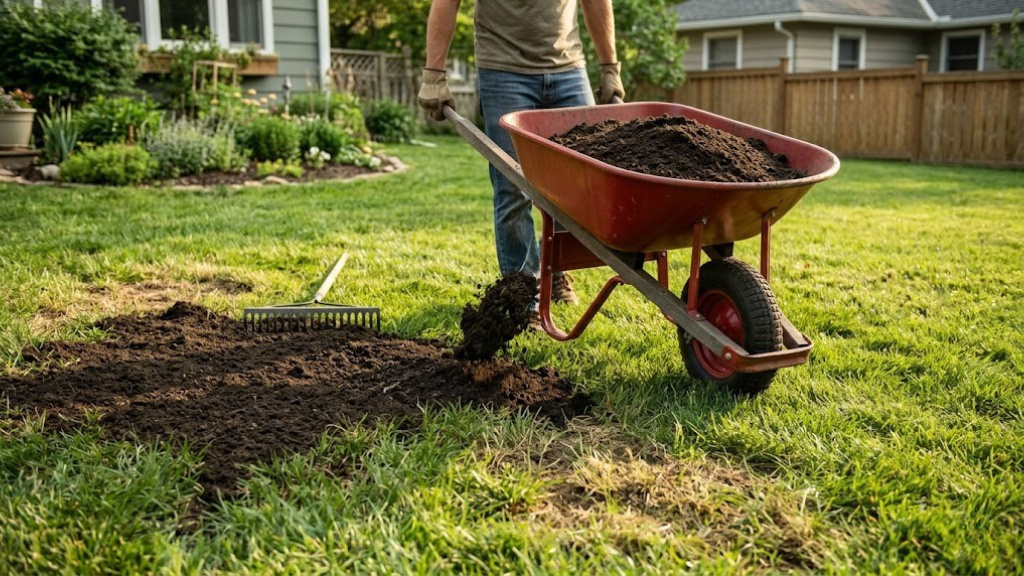Using topsoil to level an uneven lawn — wheelbarrow with topsoil blend on grass