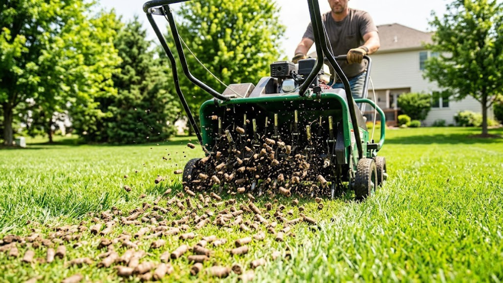 Walk-behind core aerator being used on a summer lawn showing soil plugs being extracted