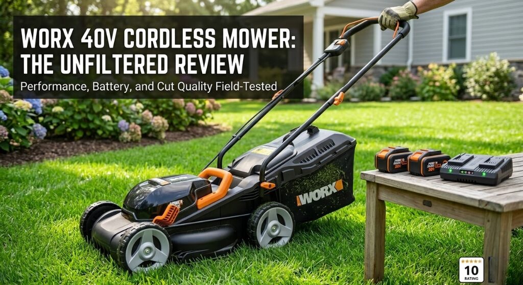 Worx 40V cordless lawn mower cutting green grass in a suburban backyard