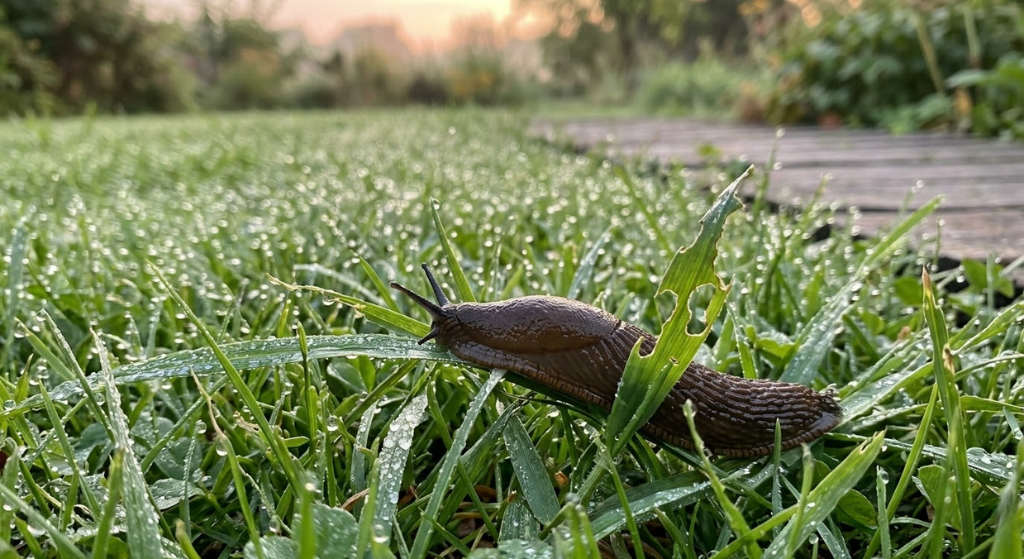 Slug on dewy grass in early morning - lawn slug damage identification