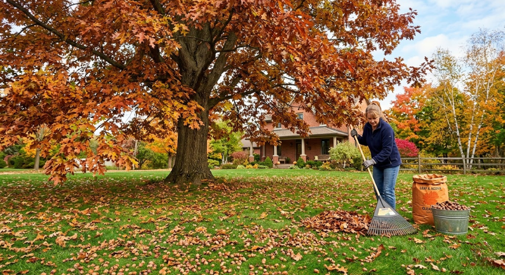 Autumn oak tree dropping acorns onto a green lawn requiring cleanup