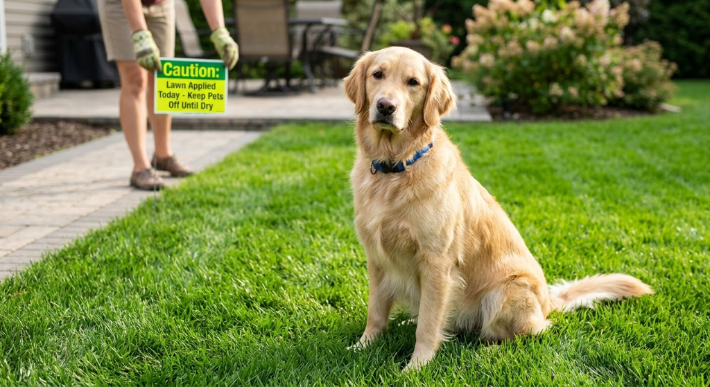 Dog sitting on a healthy green lawn - lawn treatment pet safety timing