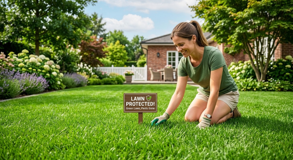 Healthy green lawn protected from insect damage with lawn insecticide treatment