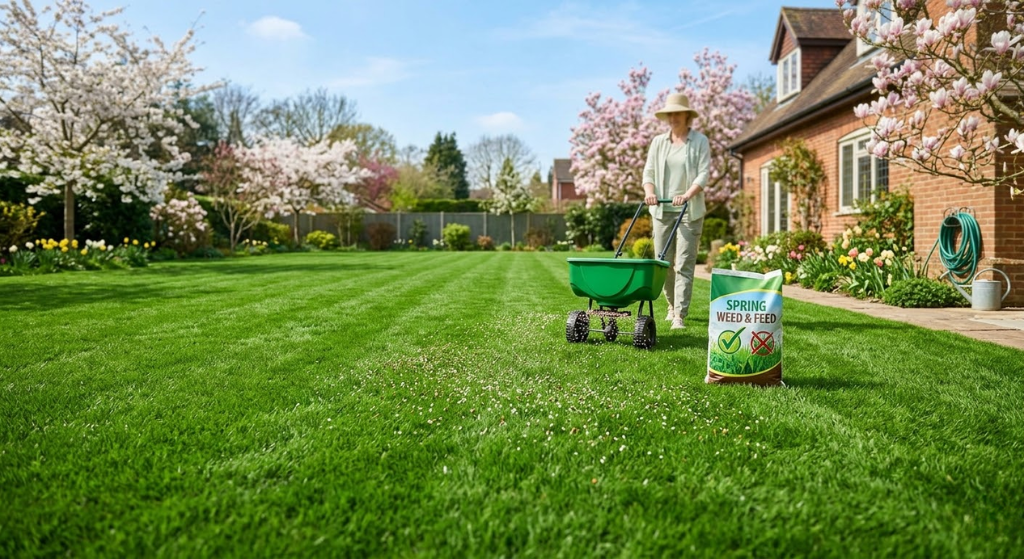 Lush green lawn treated with weed and feed product in spring