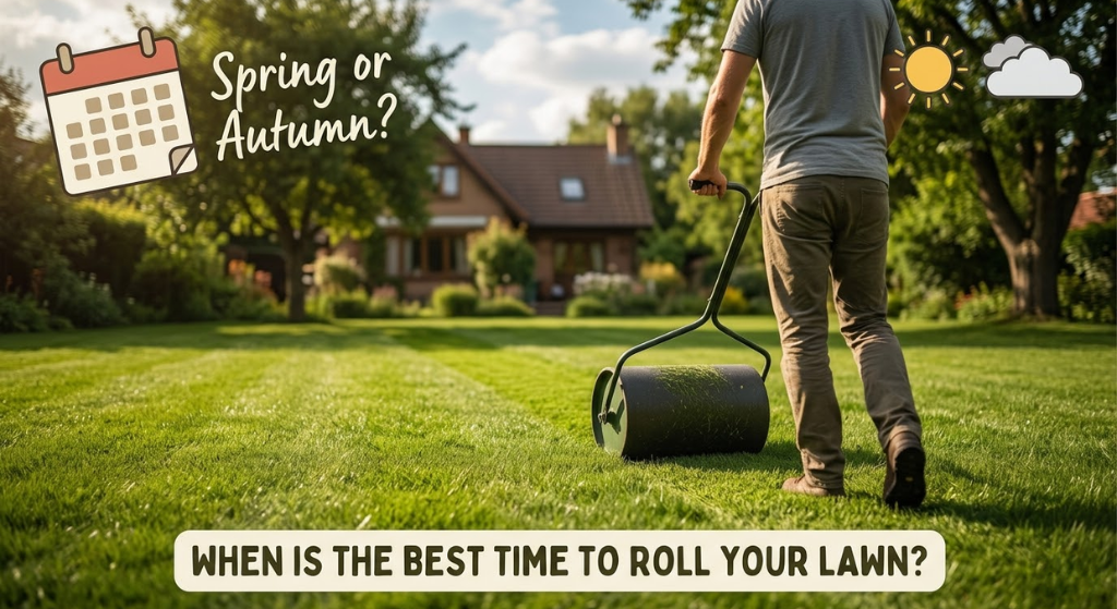Lawn roller being used on a lush green lawn in early spring
