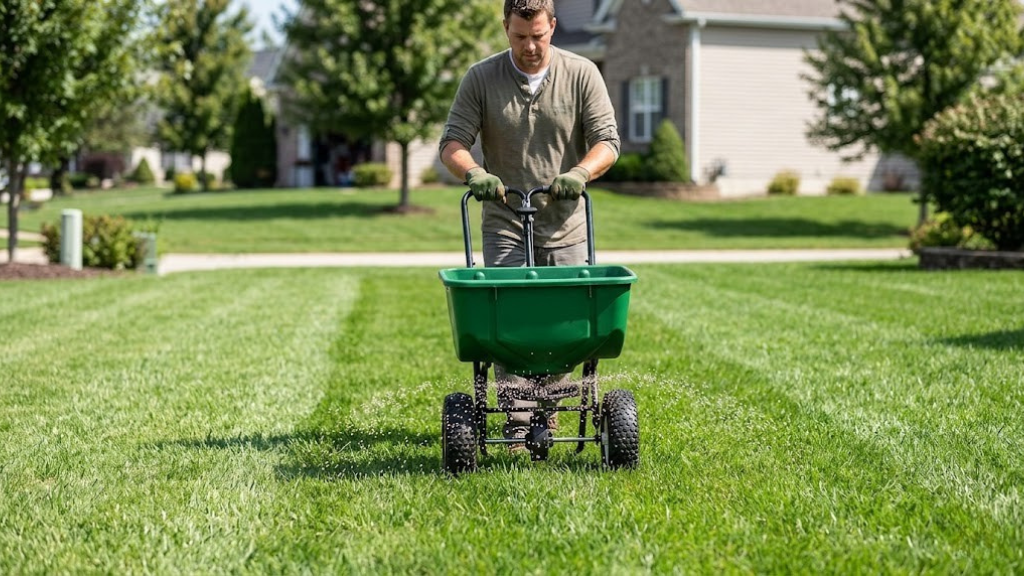 Fertilizer spreader on lawn