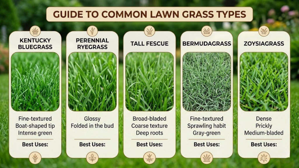 Healthy green lawn different grass types