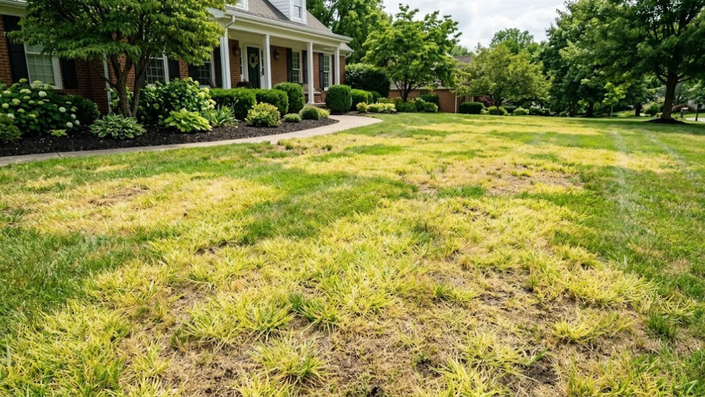 Yellow patchy lawn with chlorosis symptoms